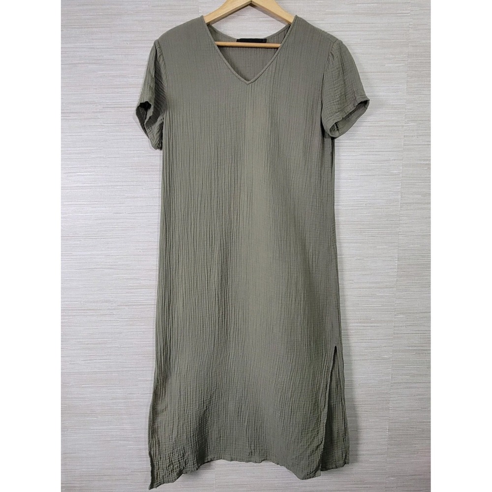 Jenni Kayne Women's Dress XS Green Cotton Gauze V-Neck Short Sleeve Midi
